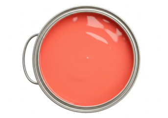 An overhead view of an open metal can filled with vibrant coralcolored paint, isolated on a transparent background
