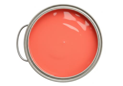 An overhead view of an open metal can filled with vibrant coralcolored paint, isolated on a transparent background