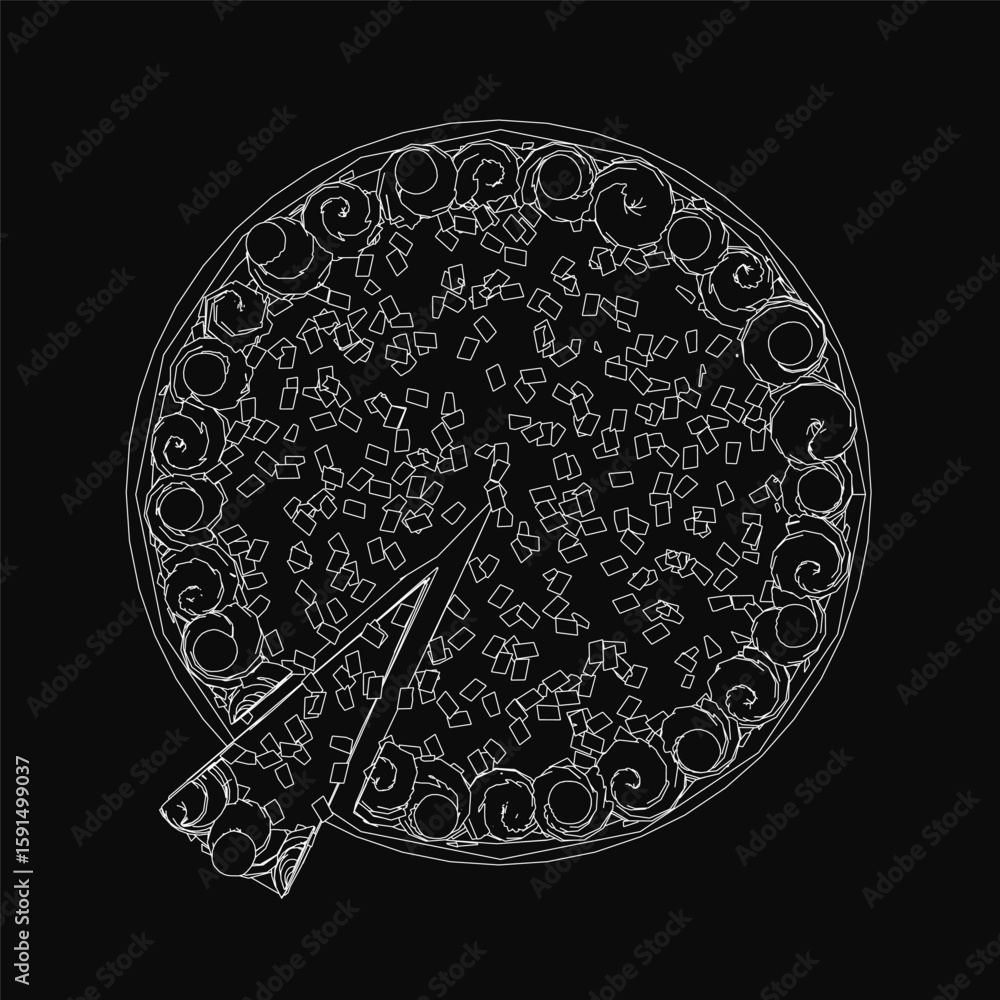 Poster a black and white contour drawing of a pizza with one slice removed, set against a dark background. 