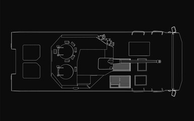 Armored troop carrier blueprint in black and white, showcasing detailed interior layout on a dark background. The technical drawing highlights structural contours and compartment design.