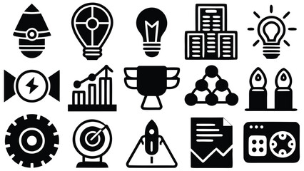 Collection of business and creative icons including lightbulbs, charts, and other symbolic elements