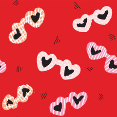 Chic glasses in heart shape with cute little dots, checks and stripes printed frames in vibrant colors of pink, cream, black and white on red. Valentine’s Day seamless vector pattern.Great for gifting