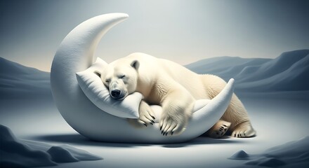 Obraz premium Serene Polar Bear Sleeping on Crescent Moon, Dreamy Arctic Landscape, Peaceful Winter Scene