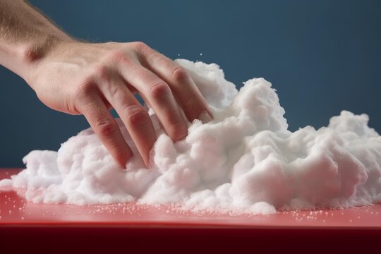 Hand interacting with a pile of artificial snow on a red surface, creating a wintery scene against a blue backdrop