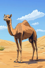 A majestic camel standing in a vast desert landscape under a clear blue sky