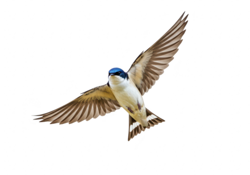 A tree swallow in midflight, wings spread wide against a clean transparent background