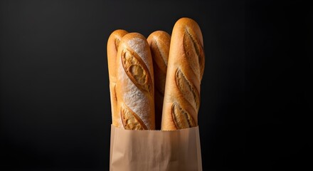 Fresh Baguettes in Brown Paper Bag on black Background
