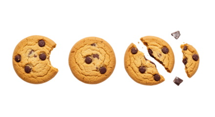 A top-down flat lay of homemade golden-brown chocolate chip cookies with dark chips in linear progression from whole to crumbs, isolated on a clean white background with copy space, macro detail