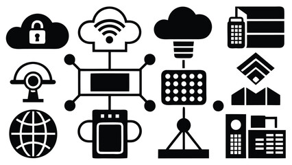 Network infrastructure with cloud computing, data center, and security icons for digital connection