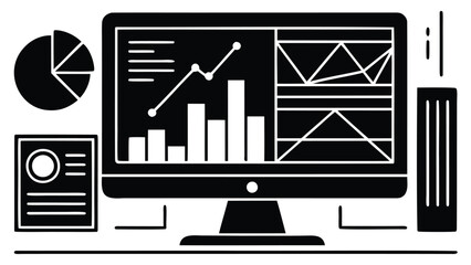 Black and white illustration of a computer screen displaying data charts and graphs on a desk setup