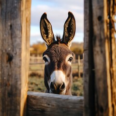 Cute brown donkey looking out from wooden gate high resolution picture