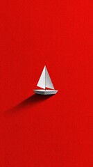 Obraz premium Paper sailboat on vibrant red background with dramatic shadow