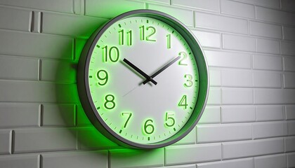 Round clock with green luminous numbers on a white brick wall