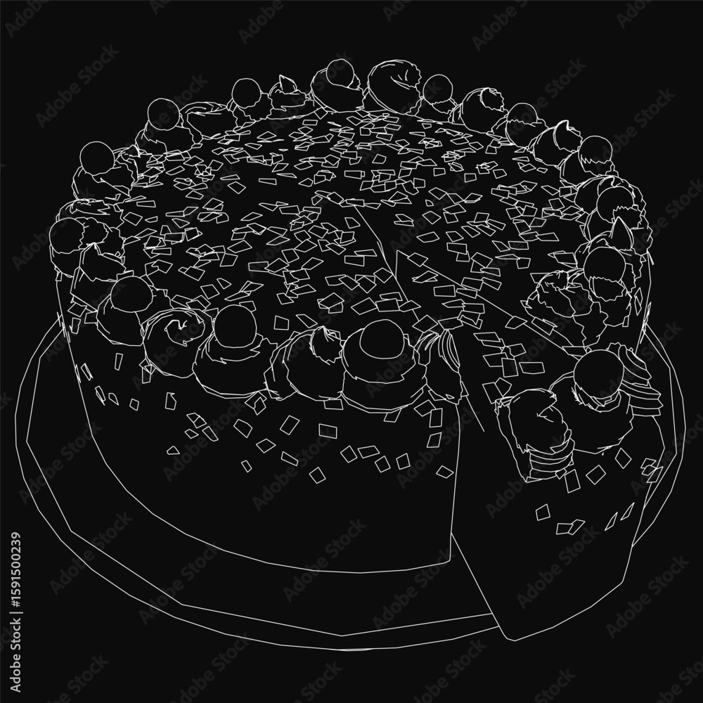 Aufkleber black and white contour drawing of a cake with a missing slice, placed on a dark background. simple 