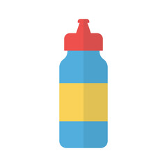 A stylized, flat vector illustration of a blue bottle with a red cap and yellow label, centered, under bright, even lighting, creating a simple, cheerful mood.
