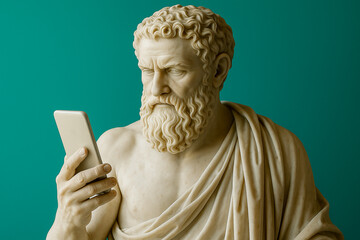 Classical Marble Statue Holding Smartphone on Teal Background