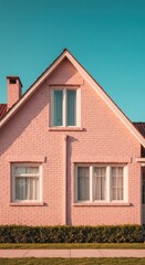 Obraz premium Pink house with white trim, clear windows, and a pitched roof