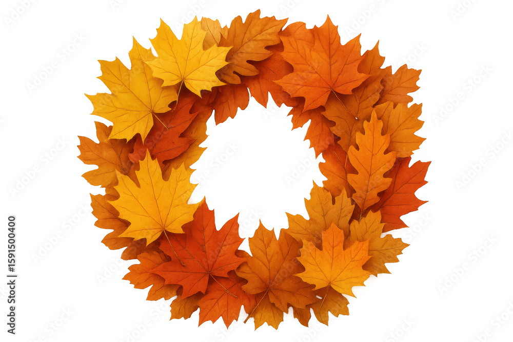 Poster autumn leaves creating circular frame, transparent background highlighting seasonal color transition