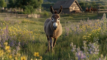 Cute donkey surrounded by nature and wildflowers high resolution picture