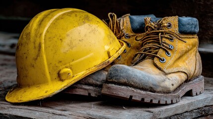 Dirty work boots and hard hat