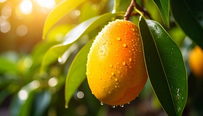 A vibrant, juicy mango with a bright yellow-orange color scheme, showcasing a smooth, slightly glossy skin, and a few gentle wrinkles, as if just plucked from a tropical tree, a few scattered leaves. 