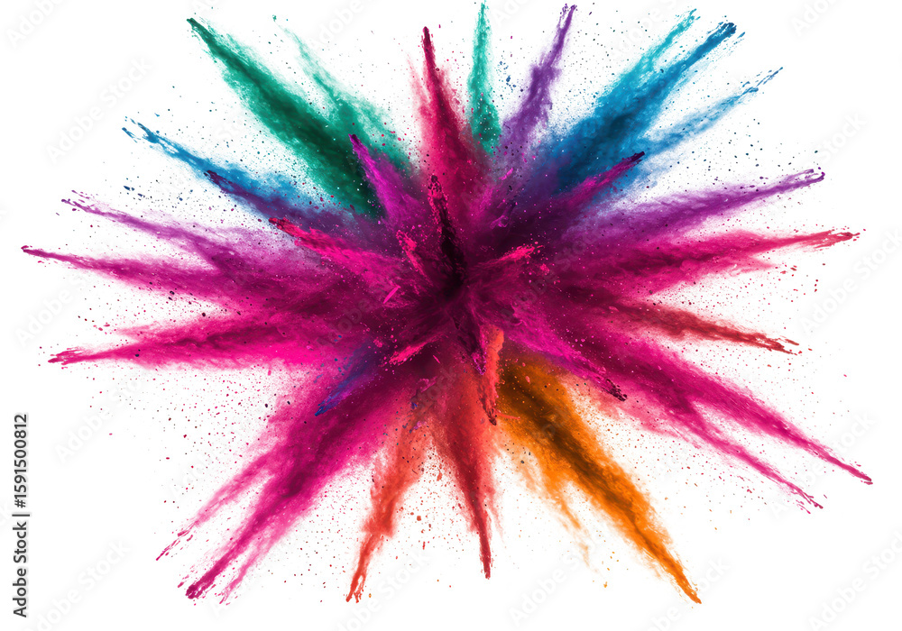Poster a vibrant explosion of colorful powder creating an abstract starburst pattern isolated on transparen