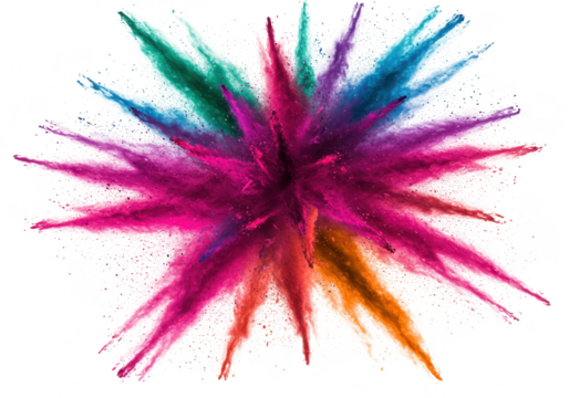 A vibrant explosion of colorful powder creating an abstract starburst pattern isolated on transparent background