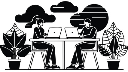 People working on laptops at a table with plants and clouds in the background in black and white style