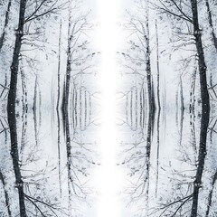 Fototapeta premium Serene Winter Forest: Abstract Snow-Covered Trees, Mirrored Design, Cold Palette