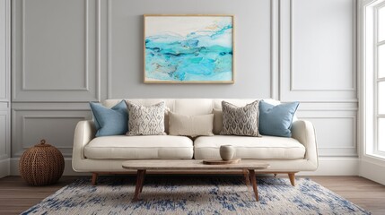 Fototapeta premium Brightly lit modern interior with dove gray walls and central focus on a pale cozy sofa