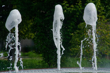 Three elegant streams of water dance upwards from a fountain, set against a backdrop of vibrant...