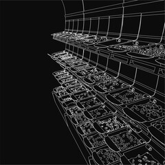 A black and white illustration of a neatly arranged supermarket shelf stocked with various food items like fruits and vegetables. The deep black background contrasts sharply with the bright white.