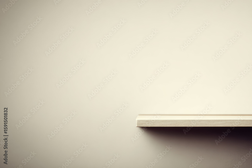 Poster minimalist shelf edge with soft shadow on beige wall, calm and empty background for product display 