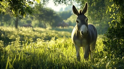 Cute young donkey in peaceful green countryside setting high resolution picture