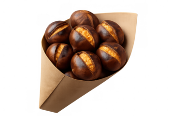 Roasted chestnuts splitting open, nestled in paper cone, transparent background highlighting seasonal warmth and culinary tradition