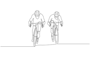 Continuous one line drawing of two competitive cyclists racing side by side, cycling duel concept, single line art