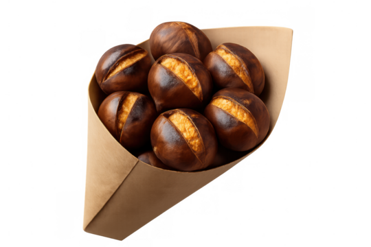 Roasted chestnuts splitting open, nestled in paper cone, transparent background highlighting seasonal warmth and culinary tradition