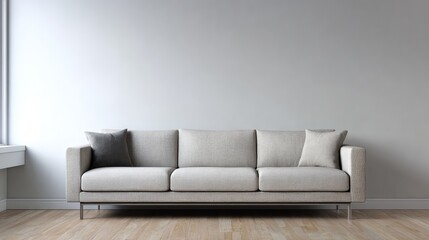 Naklejka premium Minimal modern sofa in pale gray, clean setting with soft dove wall and wooden floor