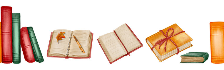 Seamless border with colorful books stacked in rows, cozy and autumn inspired, drawn in soft watercolor style, ideal for stationery, bookmarks, and educational themed designs.