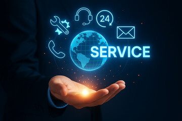 Customer service support concept global network digital technology online assistance solutions hand holding