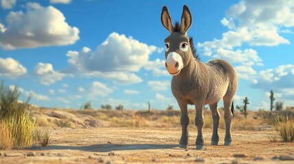 Desert donkey standing calmly under soft cloud sky high resolution picture