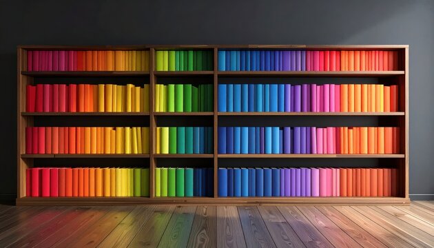 Vibrant rainbow-colored books neatly arranged on a wooden bookshelf, creating a striking contrast against a dark wall in a modern room.