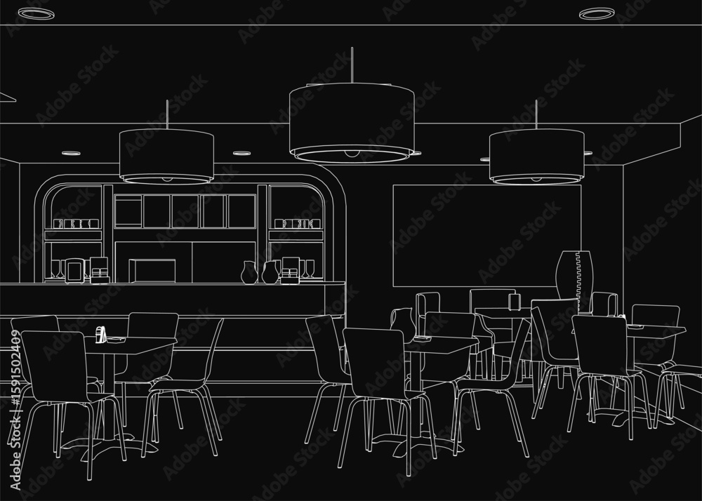 Poster a black and white contour drawing of a restaurant interior features neatly arranged tables and chair
