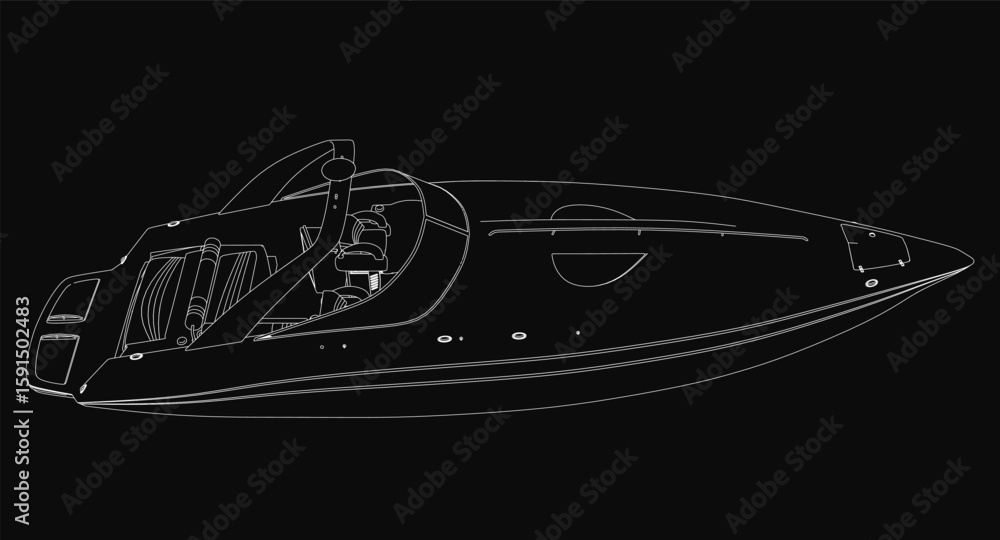 Poster a sleek black and white speedboat contour stands out against a dark background with intricate detail