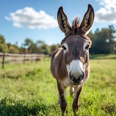 Domestic donkey standing on green grass farm high resolution picture