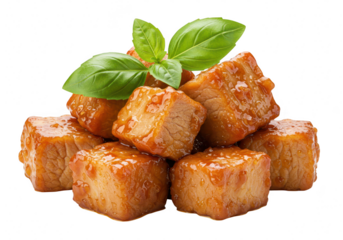 A pile of glazed meat cubes garnished with fresh basil leaves, ready to be served isolated on transparent background