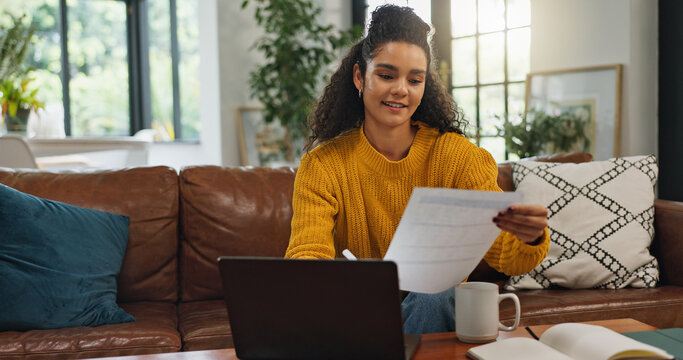 Home, reading and woman with paperwork, financial planning and checking info with laptop and budget. Asset management, online and person with documents in living room, bills and analysis in house