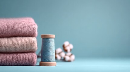 Sustainable fashion concept Soft textiles and a wooden spool on a calm blue background, perfect for creative projects.