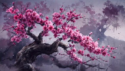 Cherry Blossom Tree In Bloom Against Abstract Background