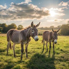 Donkey and baby grazing in sunny field high resolution picture